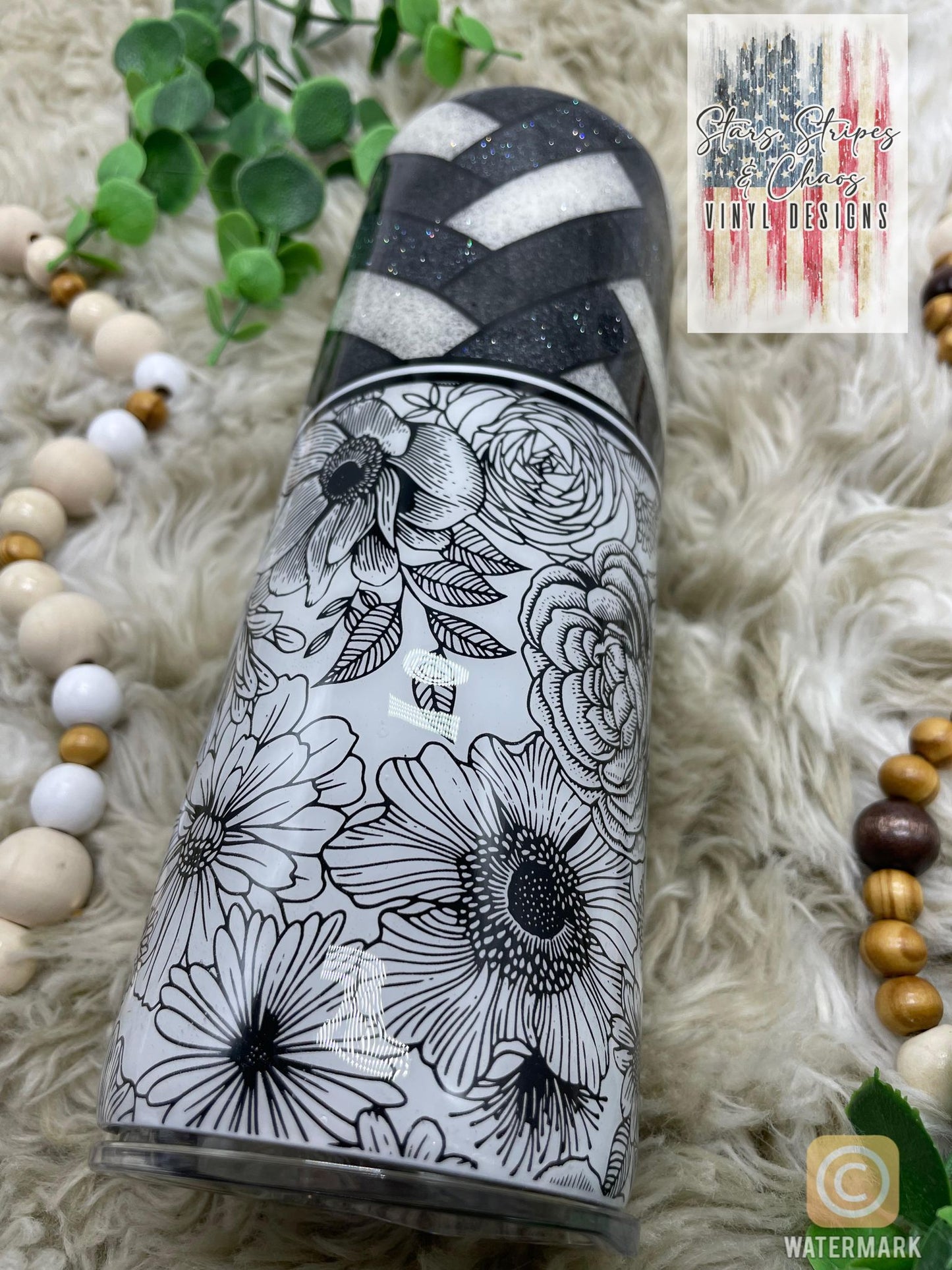Black & White Floral tumbler with Stitch Stripes