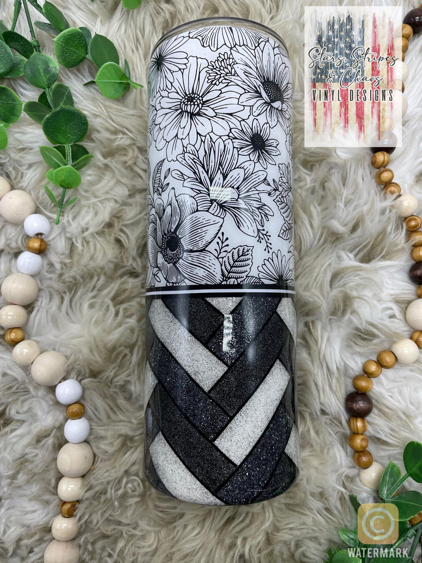 Black & White Floral tumbler with Stitch Stripes