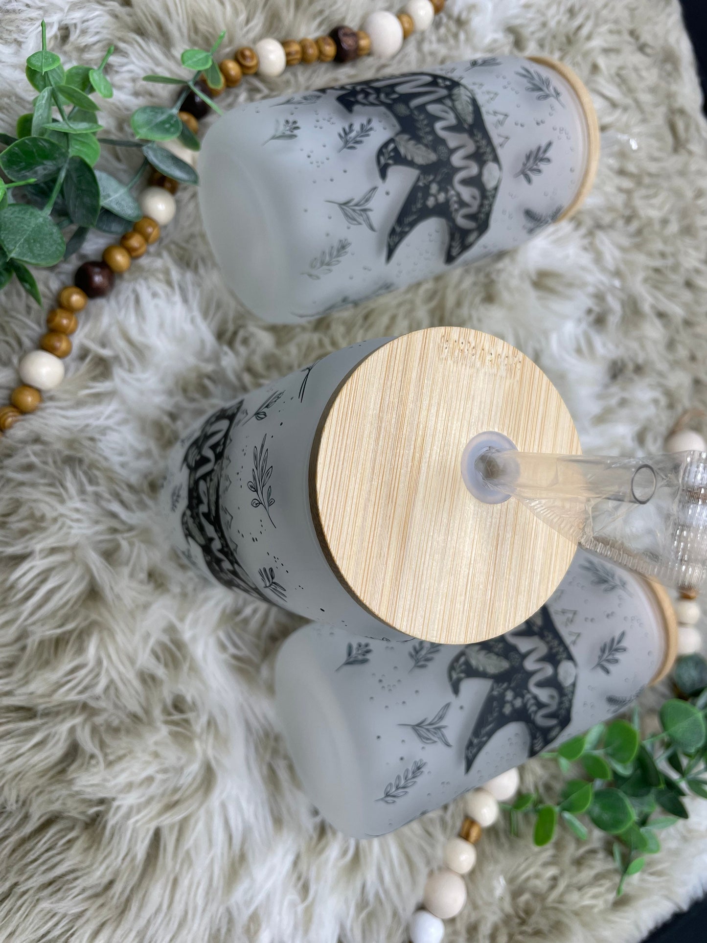 Floral Mama Bear Frosted Glass Can