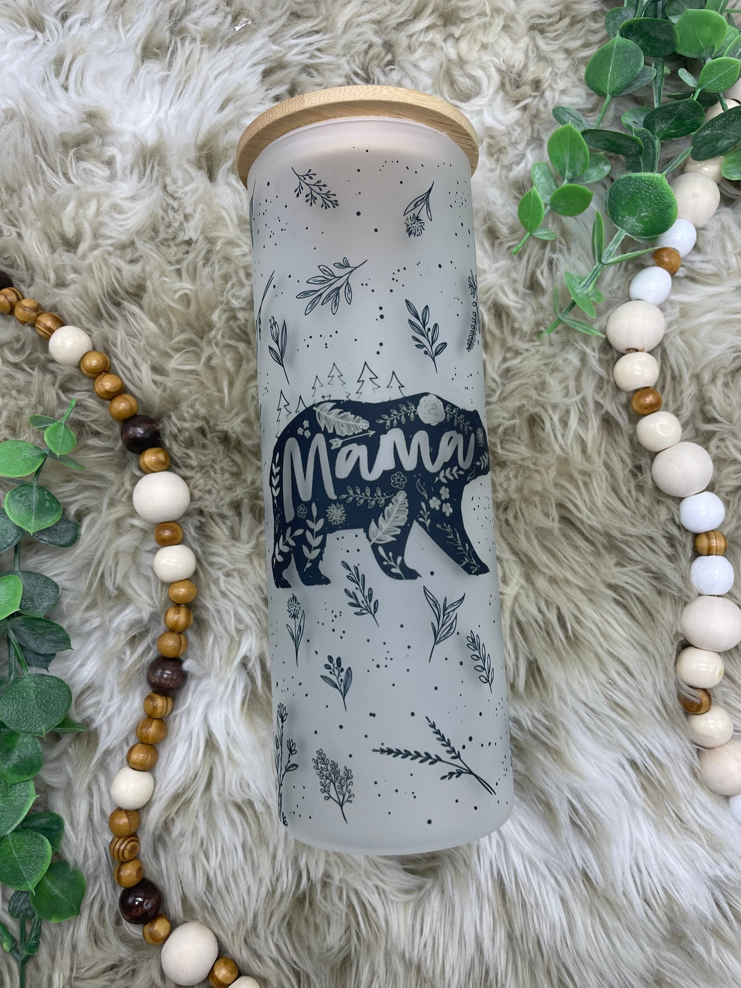 Floral Mama Bear Frosted Glass Can