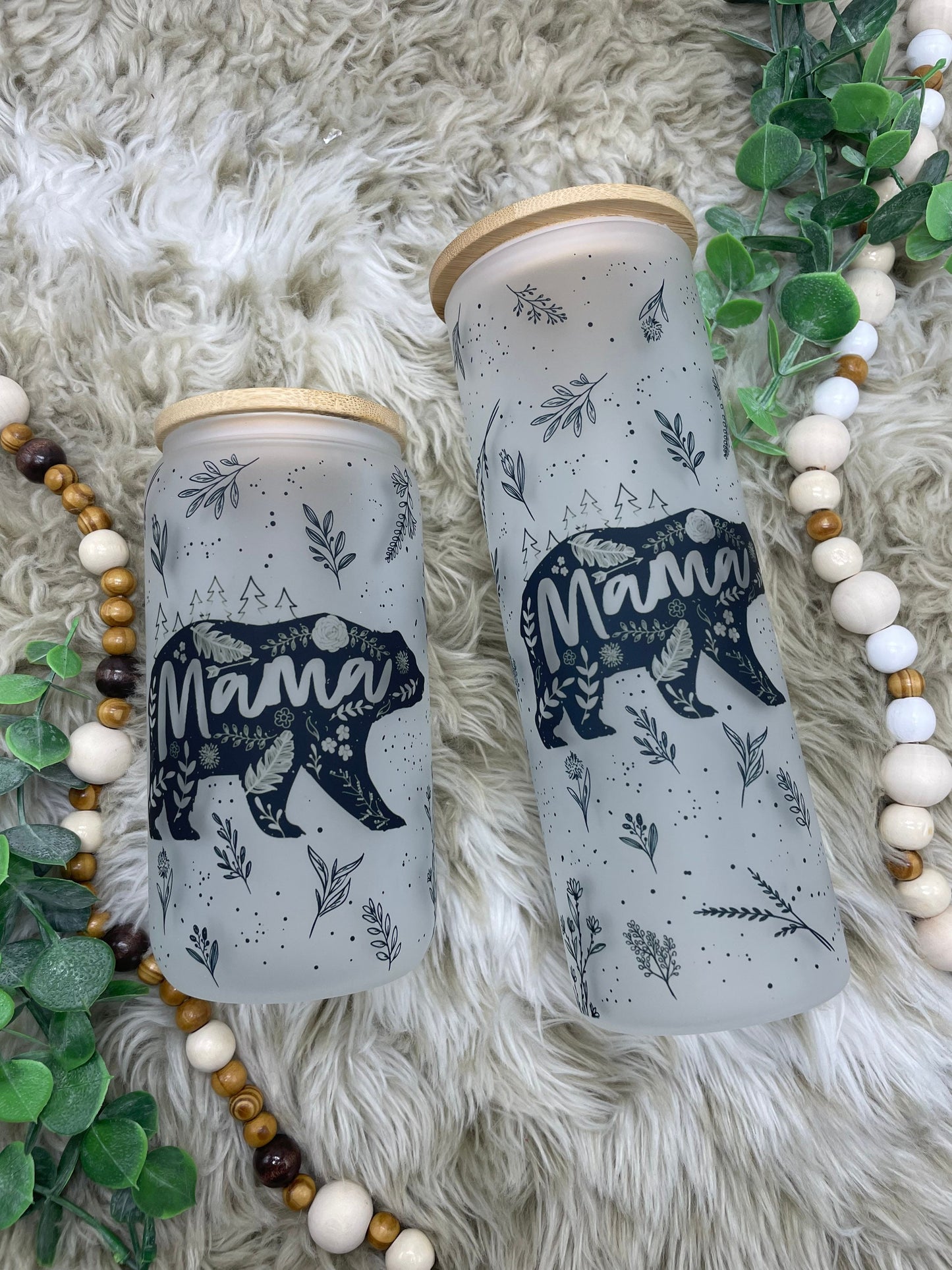 Floral Mama Bear Frosted Glass Can