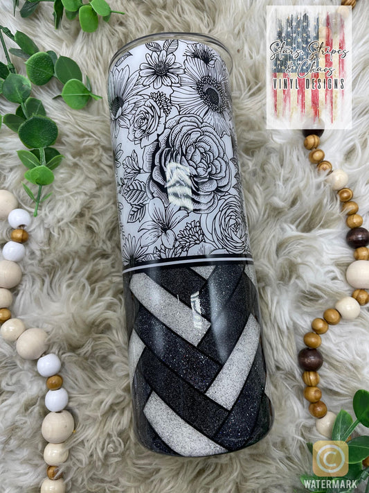 Black & White Floral tumbler with Stitch Stripes