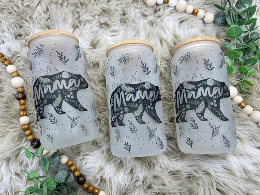 Floral Mama Bear Frosted Glass Can